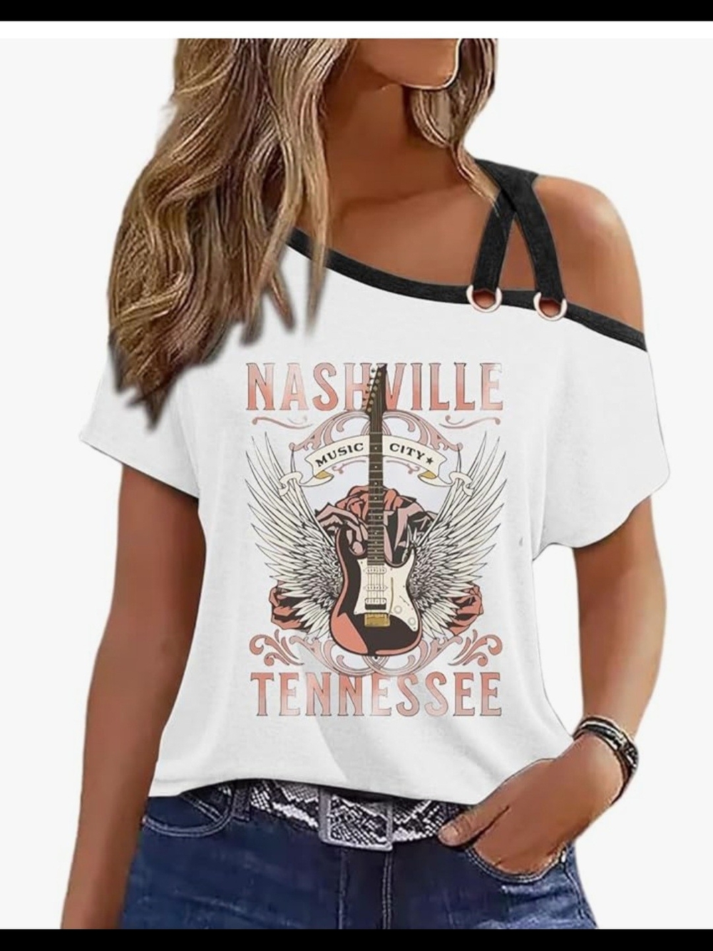 Women's Nashville Tennessee Off-Shoulder Graphic Tee - White NWT